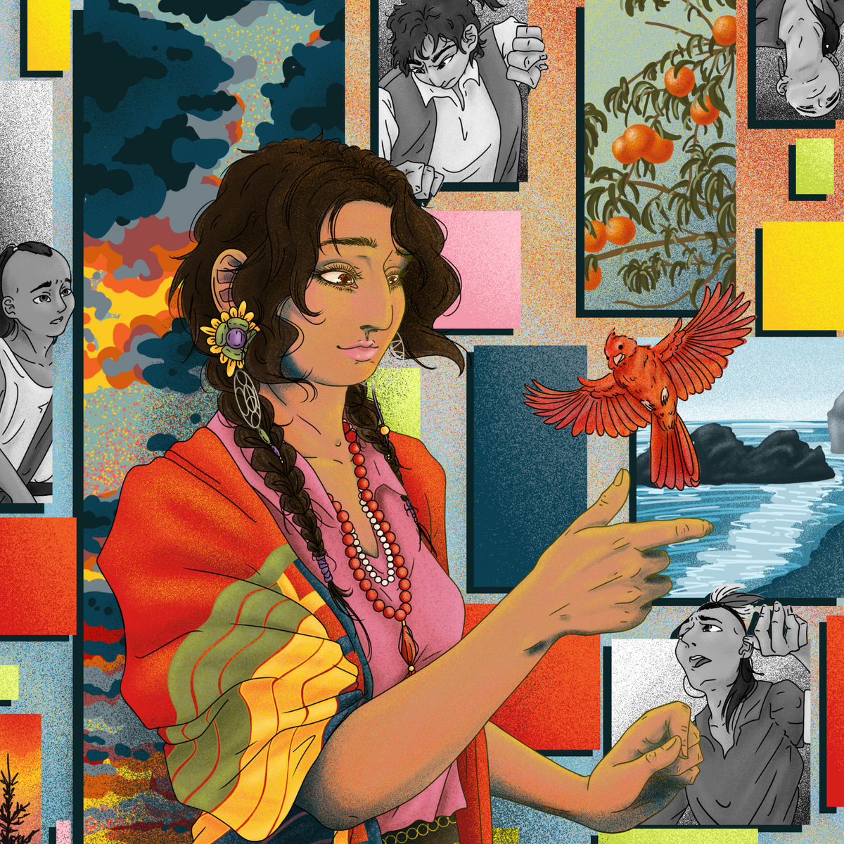 A colorful illustrated collage featuring a woman in a pink dress and orange-yellow shawl, pointing toward a red bird, surrounded by smaller portrait and landscape panels in a patchwork style.